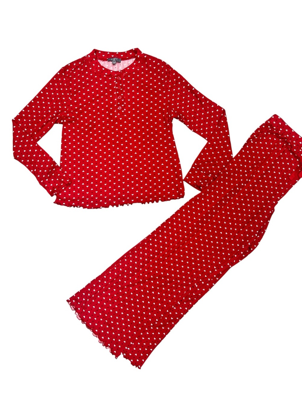 Loft Red Heart Henley 2 Pc Pajamas PJs Set Large New Soft Long Sleeve Classic